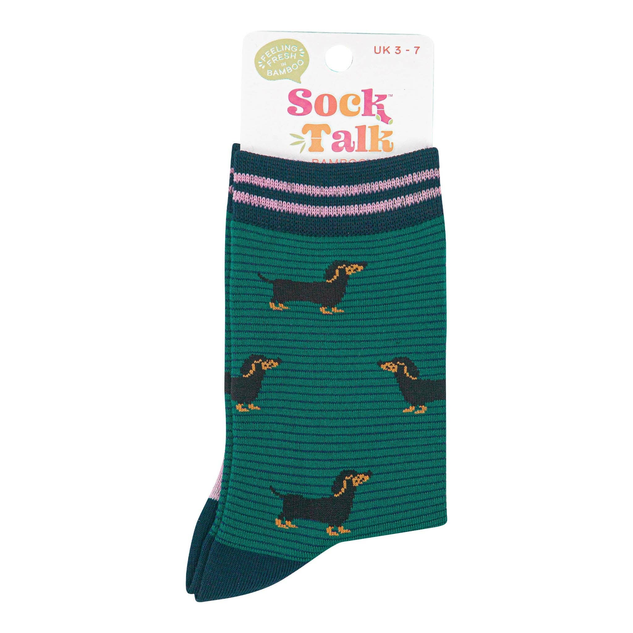 Sock Talk - Wholesale Socks - Women's - Women's Bamboo Socks - Green/Navy Blue, Sausage Dog Stripe3