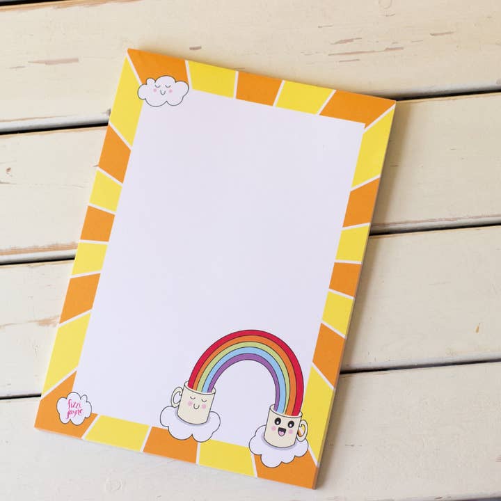 Sunshine, Rainbows and Cute Mugs. Colourful A5 Notepad for wholesale by fizzi-jayne