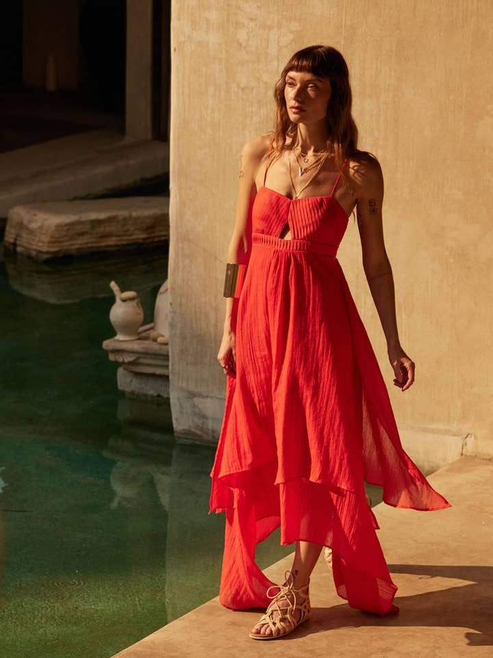 Pleated Keyhole-Bodice Layered Gauze Maxi Dress for wholesale by Promesa USA