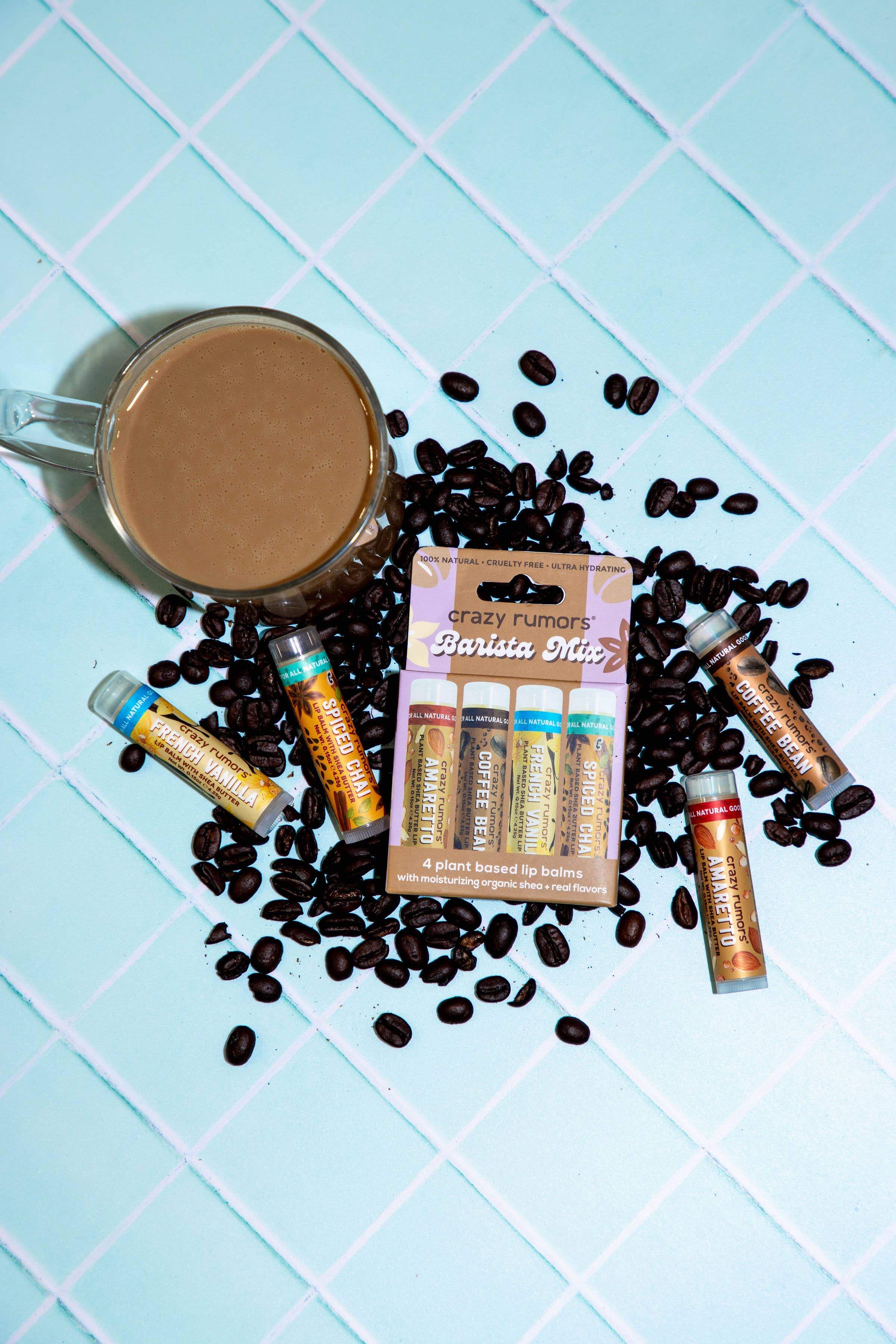 Crazy Rumors - Vente Assortiment de baumes à lèvres - Coffret cadeau 4 baumes à lèvres vegan Barista Mix 100 % naturel