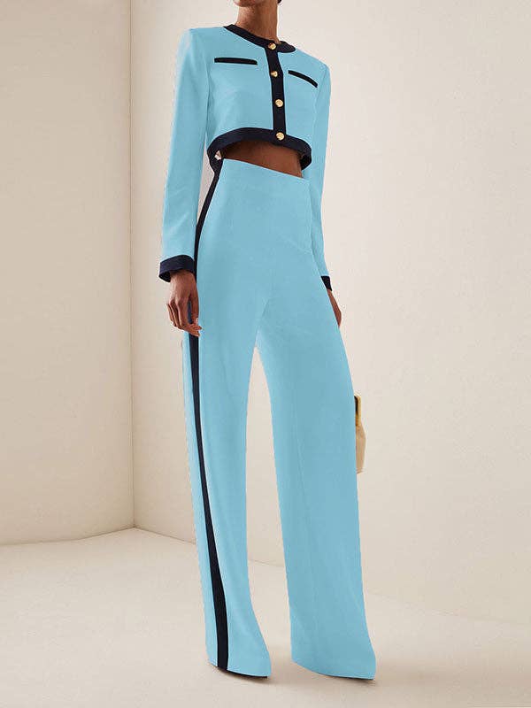 Sheer Trend – Engroshandel Top- og buksesæt (IKKE Loungewear) - Dame – Langærmer Knappede split-joint rundhalsede bluser og skjorter Toppe + Bukser med høj talje Nederst i to dele2