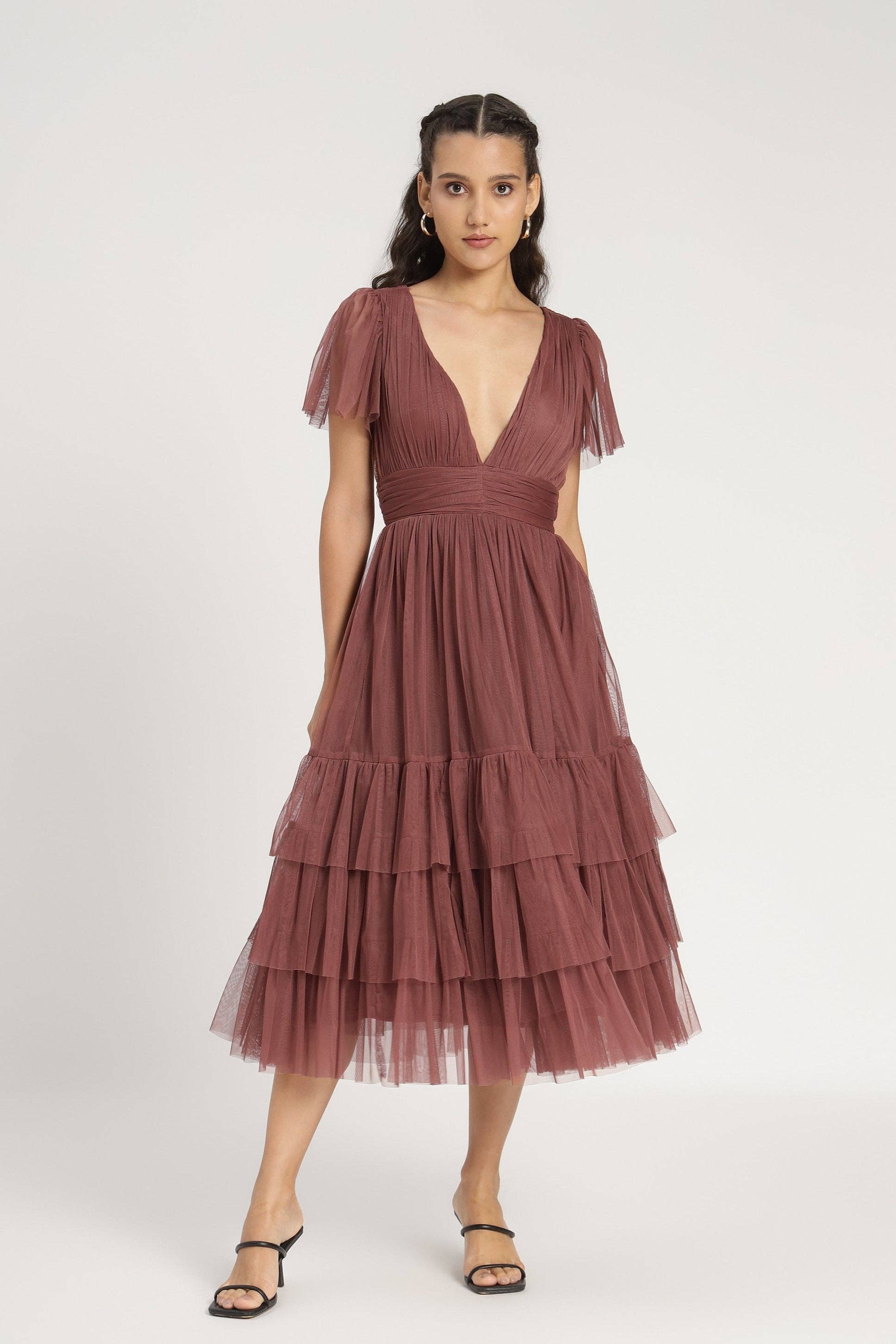 Madison Rose Brown Tulle Bridesmaid Midi Dress for wholesale on Faire7