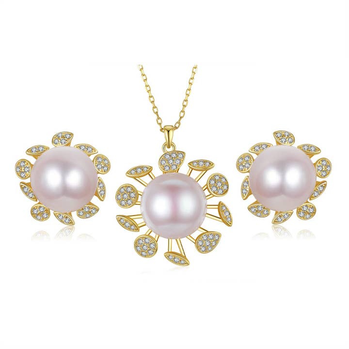 Sunflower Edison Pearl Earrings & Necklace Set for wholesale by Timeless Pearl