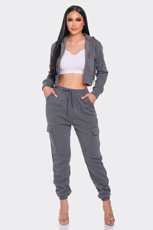 Lime All the Time – Engroshandel Top- og buksesæt (IKKE Loungewear) - Dame – 2 stk beskåret lynlås hættetrøje og Cargo Jogger Bukser Sæt4