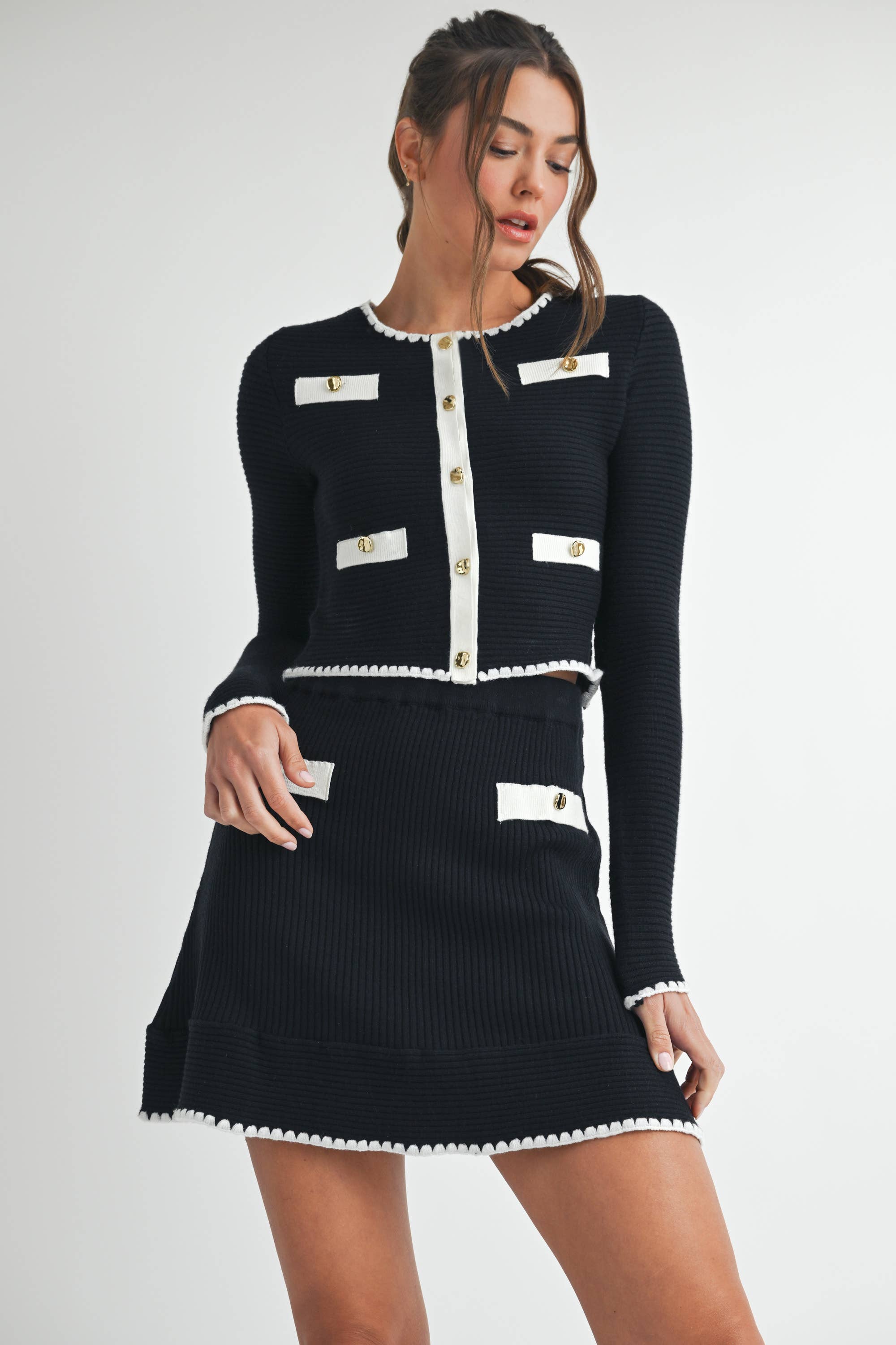 BLACK OFF WHITE Contrast Button Knit Crop Jacket for wholesale on Faire1