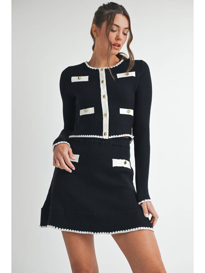 BLACK OFF WHITE Contrast Button Knit Crop Jacket for wholesale on Faire1