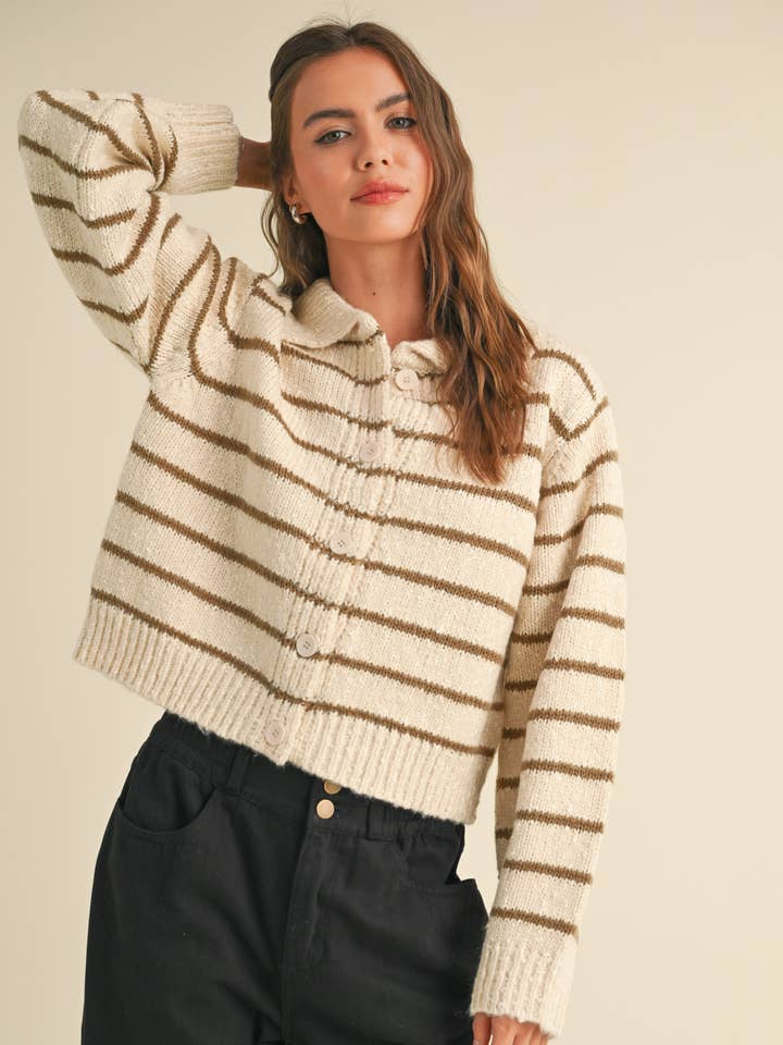MIOU MUSE - Wholesale Cardigan - Women's - J3936 BUTTONDOWN STRIPED KNITTED CARDIGAN