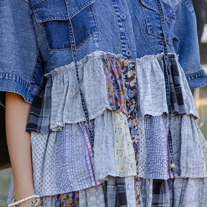 Young Threads - Wholesale Blouse - Women's - Front-Open Hooded Denim Shirt with Playful Mixed Ruffles
12