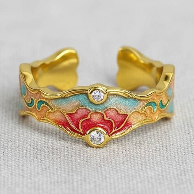 Anel Aberto Vintage com Pedras Preciosas e Motivo Floral por atacado de scentll jewelry