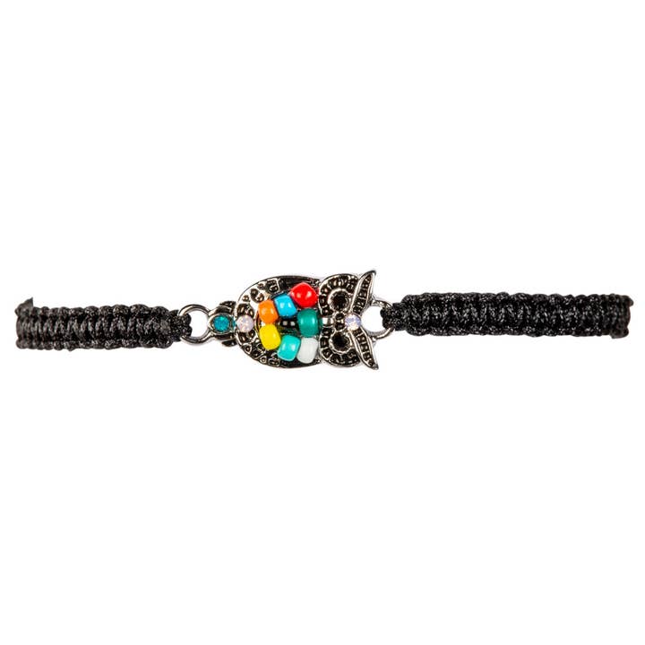 Benjamin International - Wholesale Woven/Braided Bracelet - BLACK ADJUSTABLE OWL BRACELET
