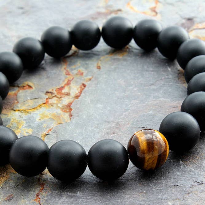 ManAndStone - Wholesale Beaded Bracelet - AAA Tigers Eye & Matte Black Onyx Mens Bracelet2