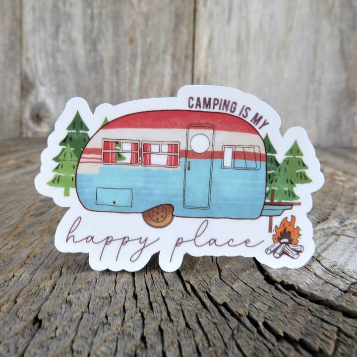 Adesivo a colori «Camping is My Happy Place», per rimorchio da viaggio, impermeabile, per avventure all'aperto per la vendita all'ingrosso da parte di Kirk's Krafts