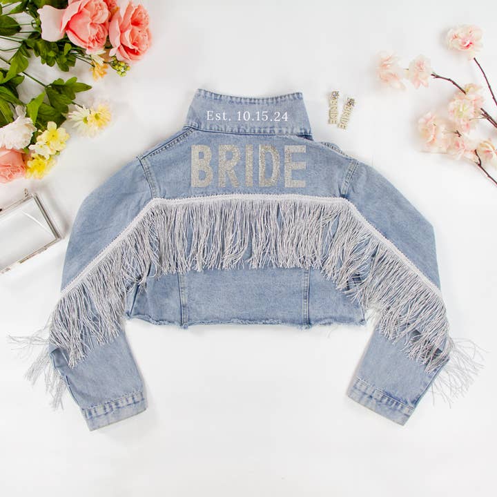 Blue Fringe Rhinestone Bride Patch Denim Jacket, Custom Bach for wholesale by GiftsbyPR