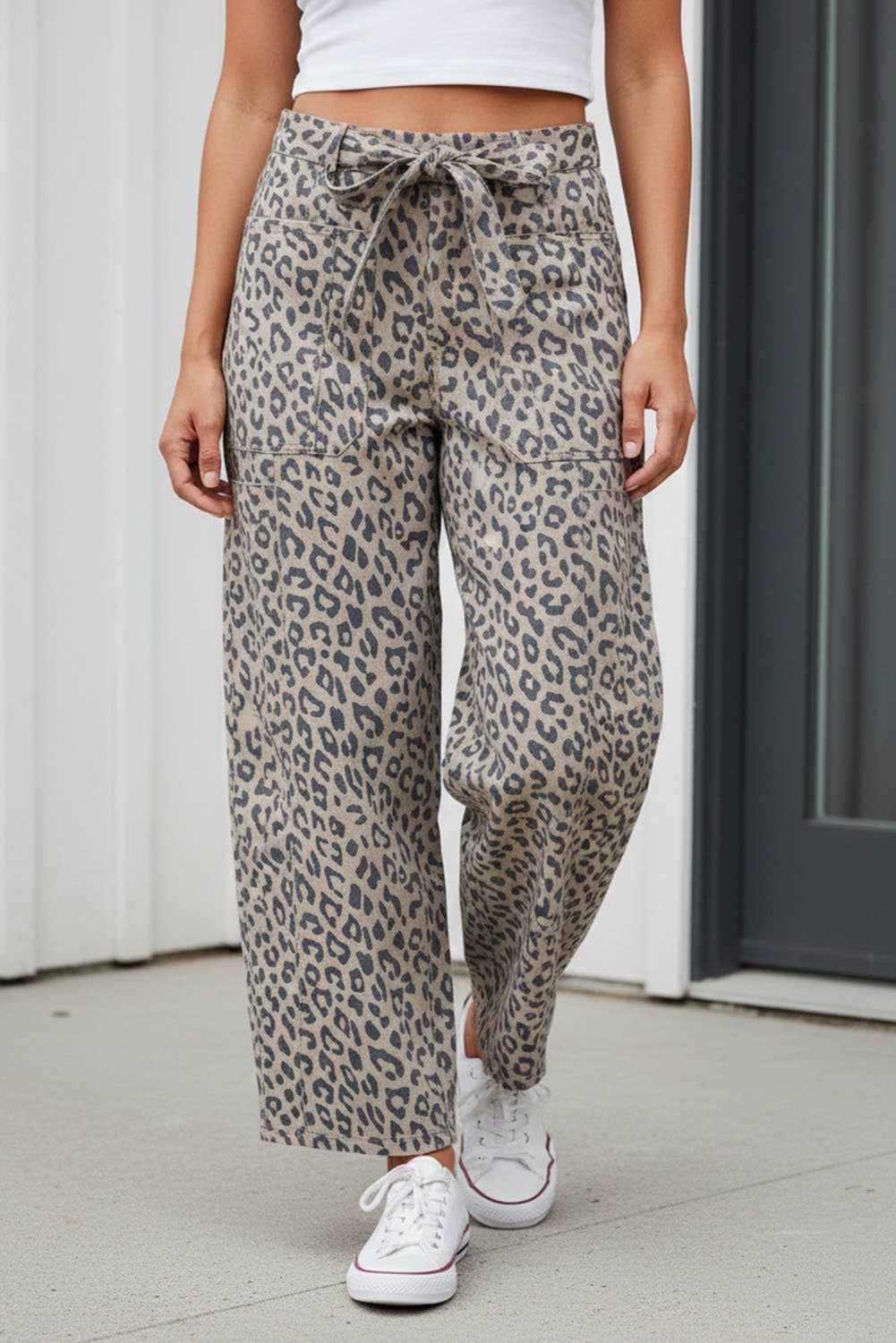 Brown LAS Leopard Drawstring Waist Pocketed Wide Leg Jeans (4-16) for wholesale on Faire0