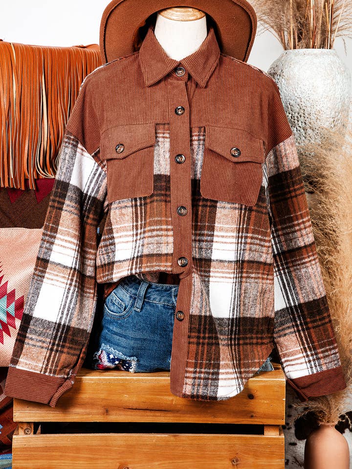 Fashion Plaid Corduroy Patchwork Chest Pocket Shacket for wholesale by fashionworks