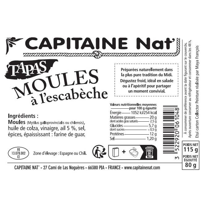 CAPITAINE NAT' - Venta al por mayor Conservas de pescado - COLLECTOR - Tapas Mejillones en escabeche 115 g (1/6)1
