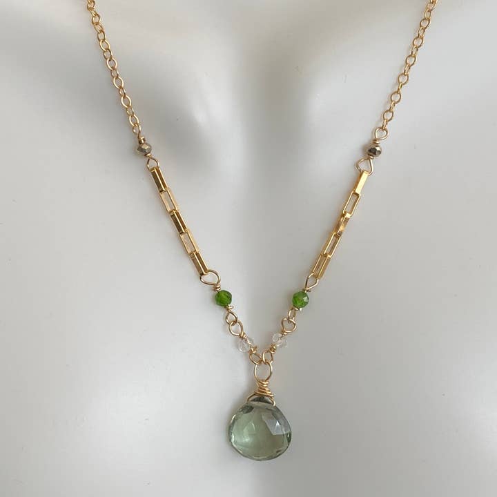 Judy Brandon Jewelry - Wholesale Pendant/Charm Necklace - Green amethyst with white topaz, chrome diopside, & pyrite