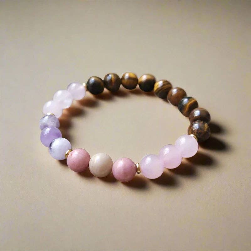 Harmony Mala - Vente Collier de prière en perles - Collier Mala en œil de tigre, améthyste, quartz rose et rhodonite1