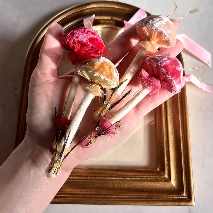 Wonder Objects - Wholesale Ornament - Velvet Mushroom Ornaments with Peacock Feather Accent5