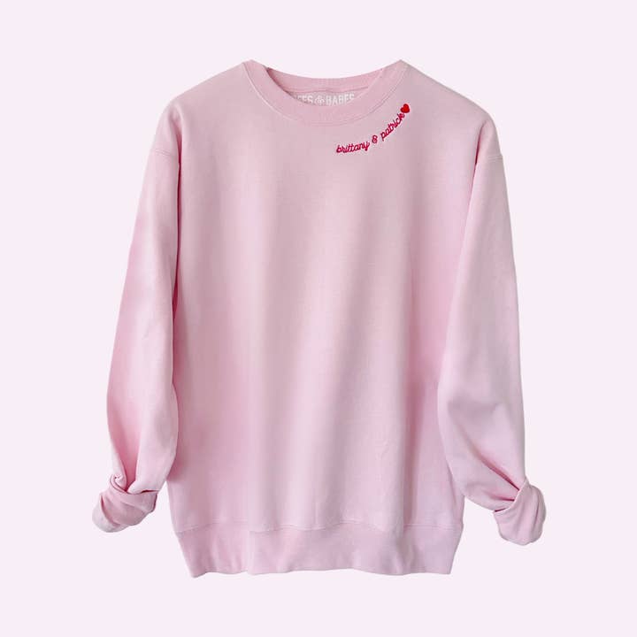 PINK WITH RED STITCH ♡ adult embroidered sweatshirt with heart for wholesale by BFFS & BABES