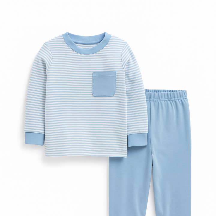 Preorder Blue Stripe Pant Set (mid october ship) for wholesale by City Beautiful Childrens Boutique