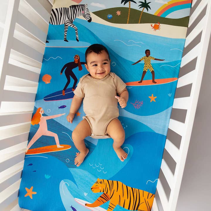 Rookie Humans - Wholesale Cot/Crib Sheets - Cotton Sateen Crib Sheet: Surfing Safari