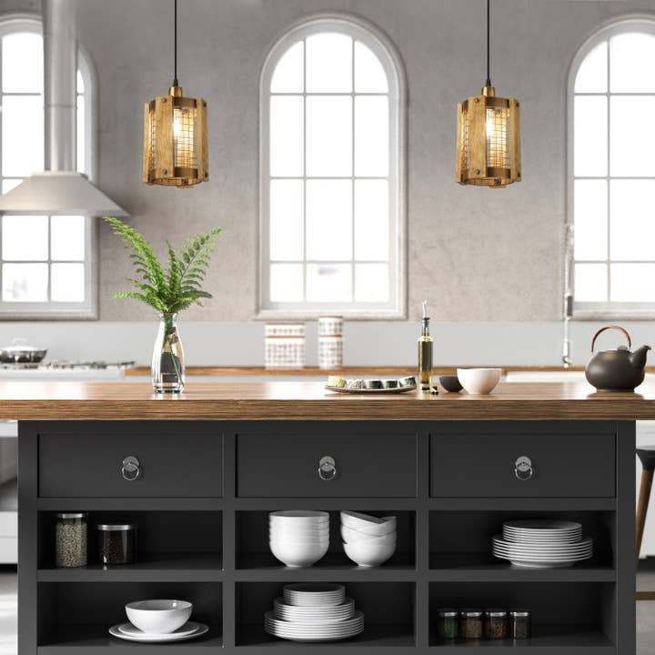 5"W Brushed Gold Metal Pendant Light with Wood Shade for wholesale by River of Goods