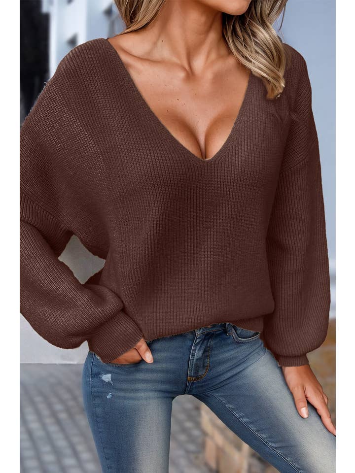 Aapparella - Wholesale Knit Sweater - Women's - Grace Knot Back V Neck Puff Sleeve Sweater | S-XL