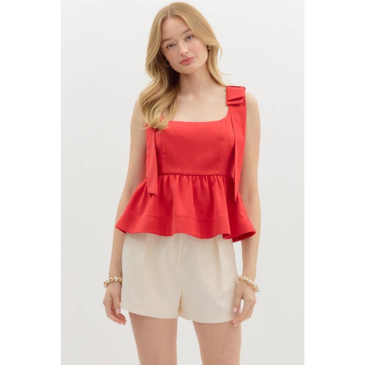 Haut sans manches à ourlet à volants accentué d'un nœud solide pour la vente par STYLE USA