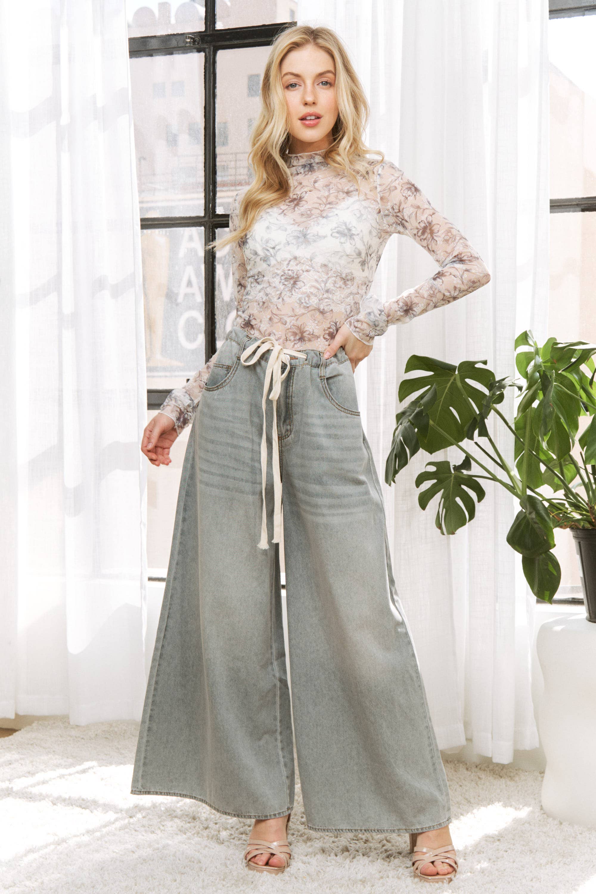 Sweet Generis - Wholesale Knit Top - Women's - CUTE MESH FLORAL PRINT HIGH NECK DESIGN LONG SLEEVE FITTED T13