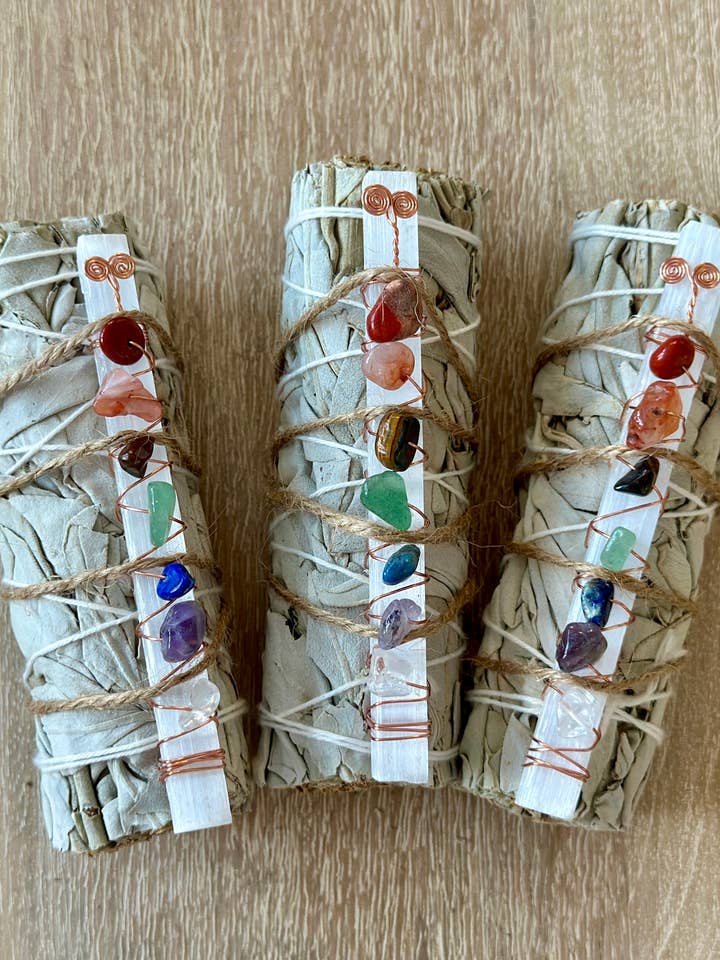 White Sage w/ Chakra Selenite Wands with Crystals for wholesale by Picki Nicki