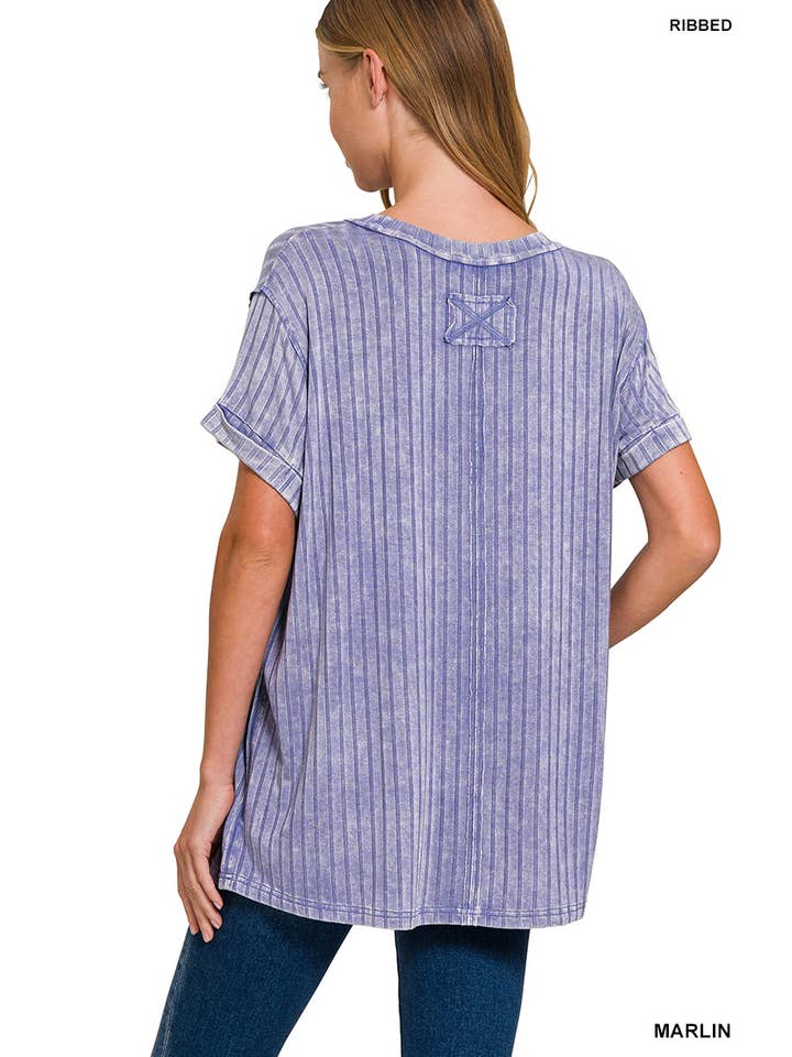 Vanilla Monkey - Wholesale Knit Top - Women's - Acid Washed Ribbed Short Sleeve Boat-neck Top