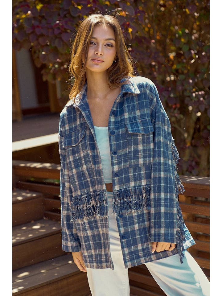 Lalavon - Wholesale Button Down Shirt - Women's - ILT1505 Plaid button up w/ fringe detail10