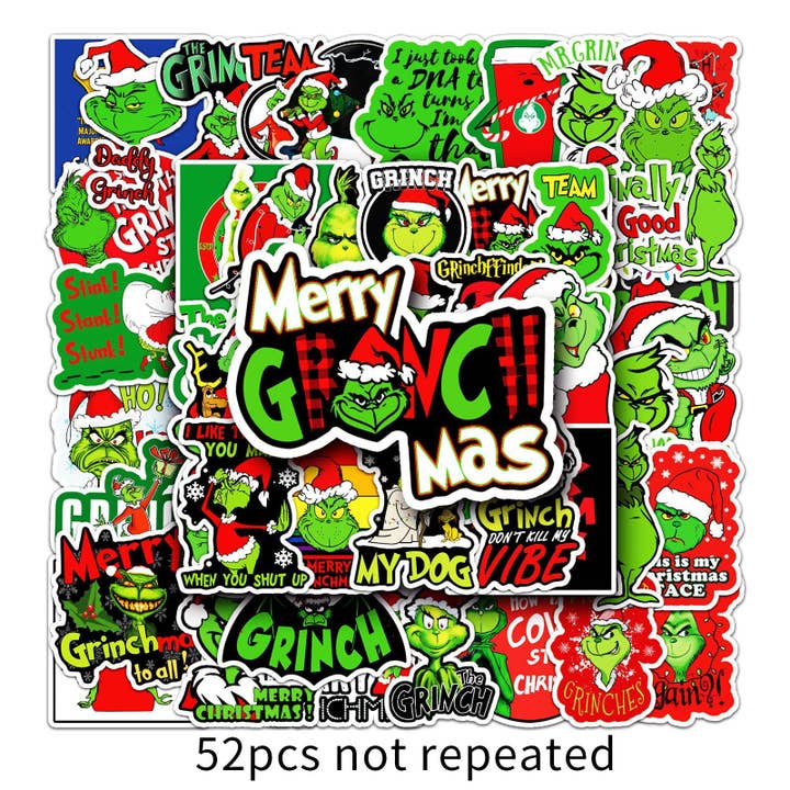 2025 Christmas 52PCS Cartoon Grinch Graffiti Stickers Animated Luggage Laptop Car & Skateboard Decorations for wholesale by Auraquise