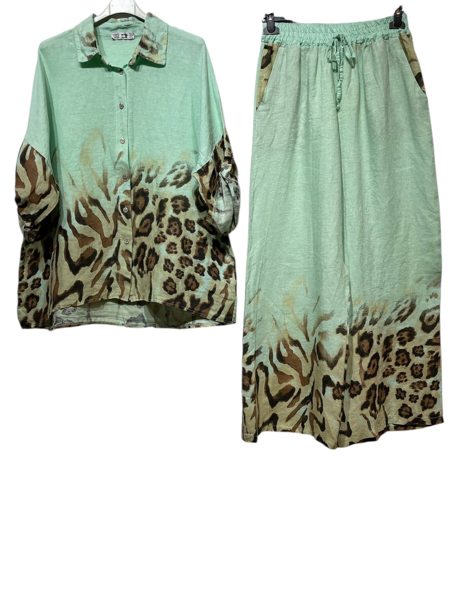 LINEN & COTTON HOUSE – Engroshandel Overdelssæt – til kvinder – Leopardmønstret hørskjorte og bukser sæt 09002 4840316