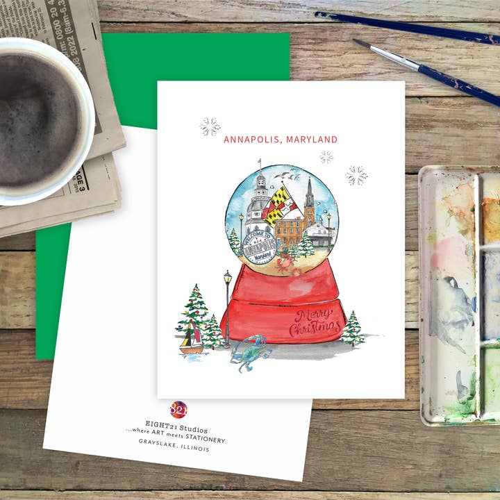 Eight21 Studios + Unique Greeting Cards, Art and Stationery - Wholesale Christmas Card - Annapolis Maryland Skyline Snowglobe Christmas Greeting Card3
