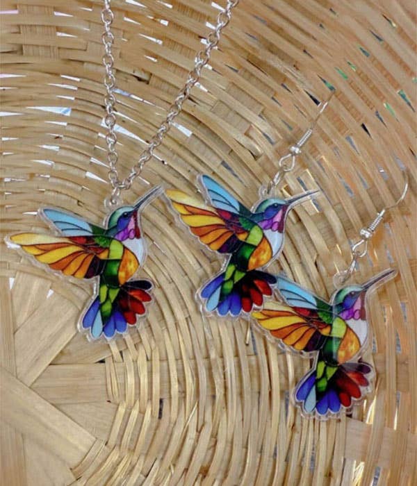 Jewelry Max - Wholesale Pendant/Charm Necklace - ( E423 )  ACRYLIC HUMMING BIRD NECKLACE EARRING SET0