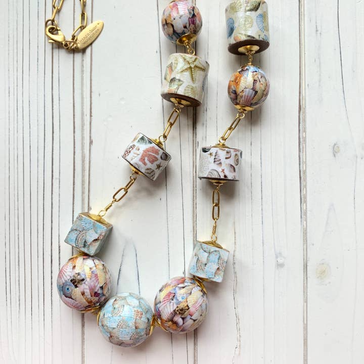 Seascapes Decoupaged Seashell Necklace for wholesale by Lenora Dame