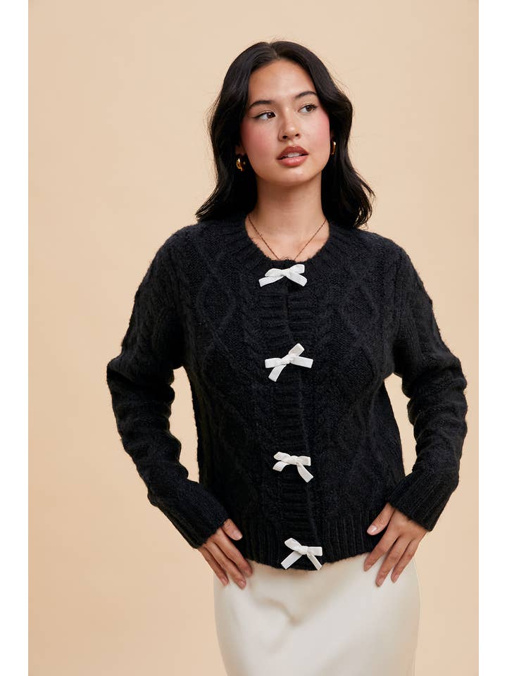 In Loom - Wholesale Cardigan - Women's - BOW ACCENT CABLE KNIT CARDIGAN0