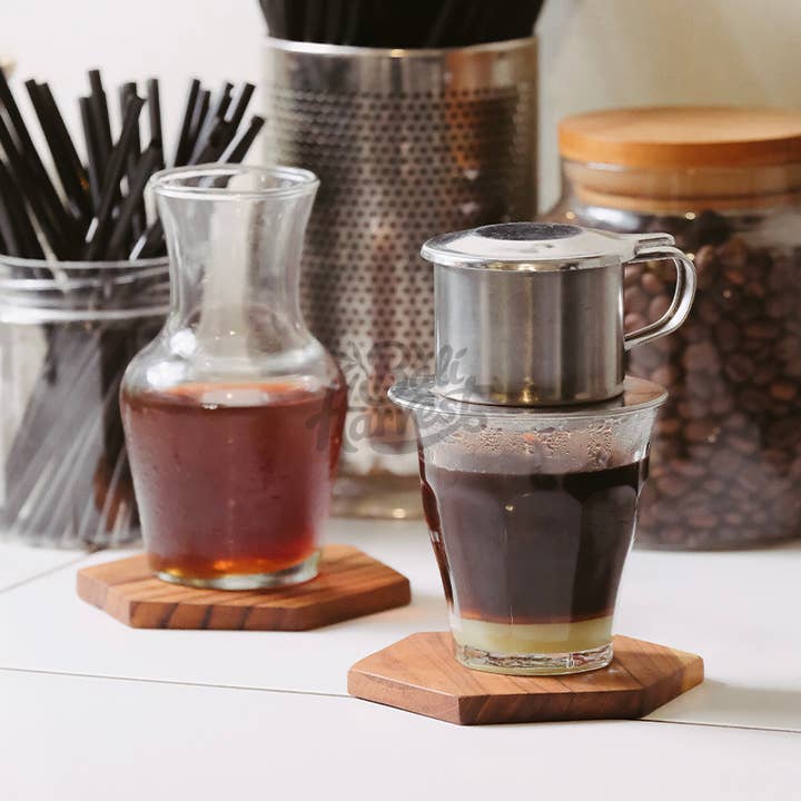 Bali Harvest - Wholesale Coasters - Hexagonal Teak Wooden Coasters - Drinks Mat Glass Top Saucer1