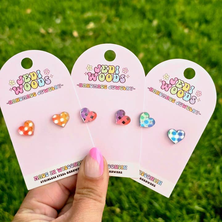 Assorted Rainbow Plaid Heart Stud Earrings for wholesale by Jedi Woods LLC