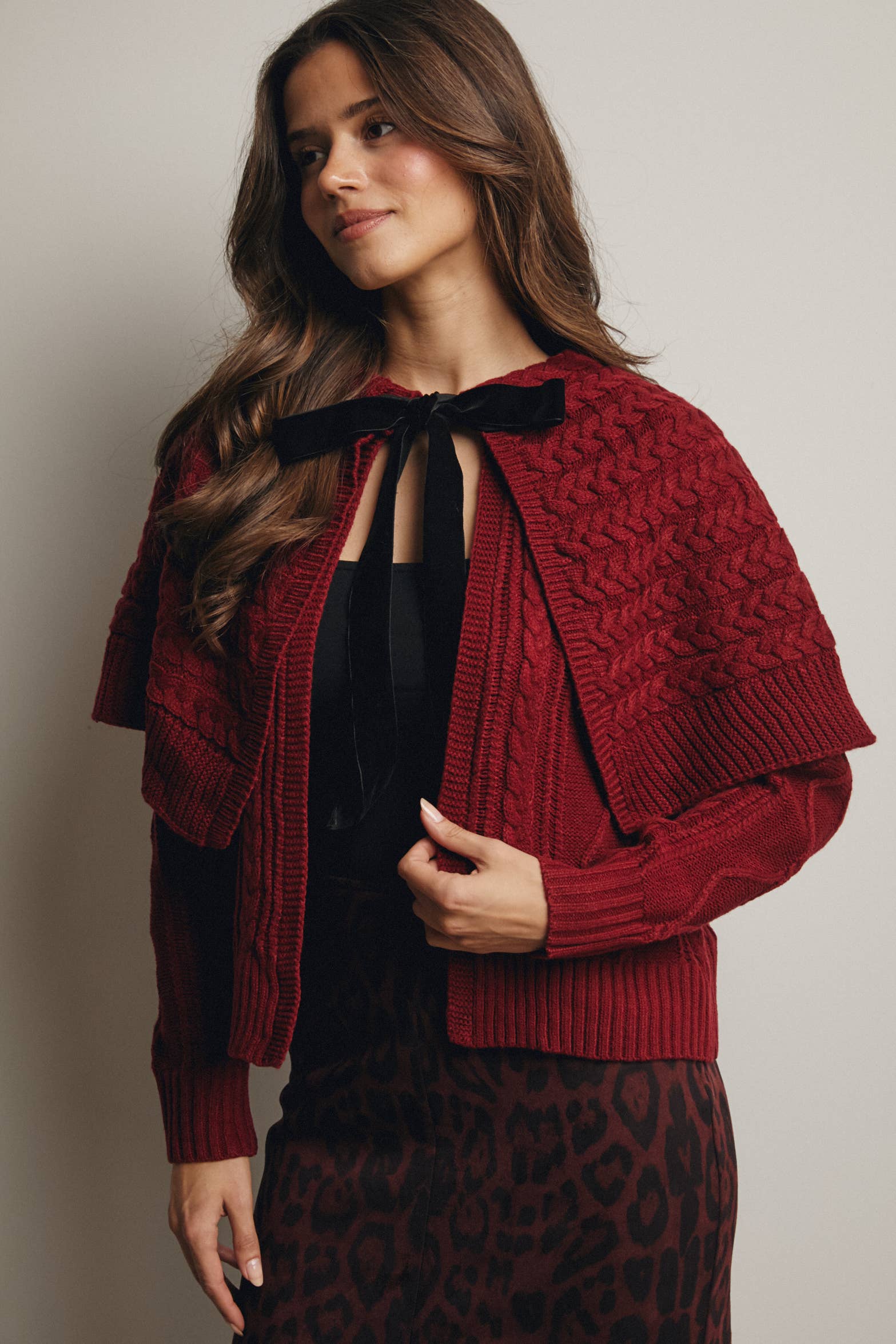 Forte – wholesale Cardigan – Women’s – Cable Knit Capelet Cardigan with Velvet Bow FSW0017 18