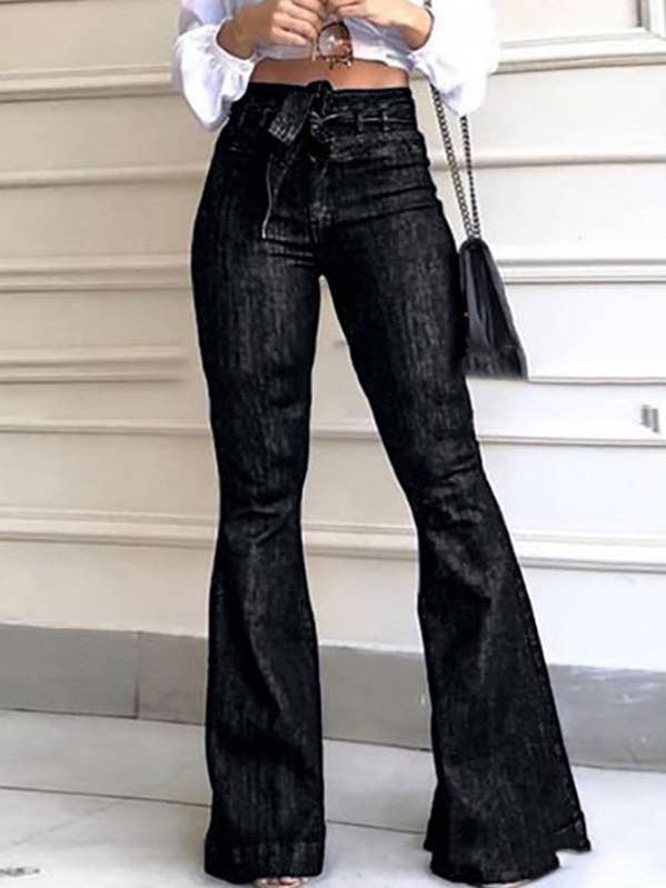 UZ Wholesale Store - Wholesale Jeans - Women's - Flared Pants High Waisted Solid Color Tied Waist Jean Pants Bottoms