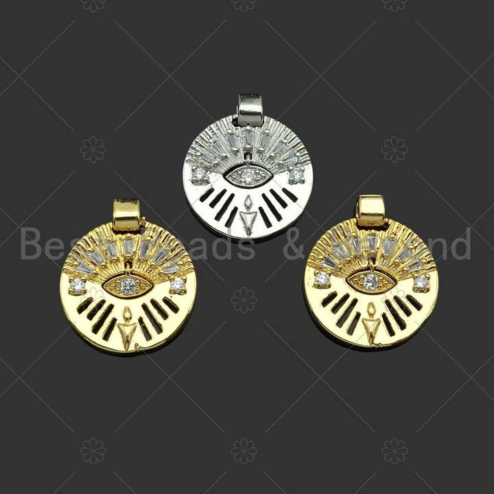 CZ Micro Pave Evil Eye aushöhlen runde Münzform Anhänger/Charm, Cubic Zirkonia Charm, Halskette Armband Charm Anhänger, 20 x 23 mm, Sku #L493 für den Großhandel von BestBeads&Beyond