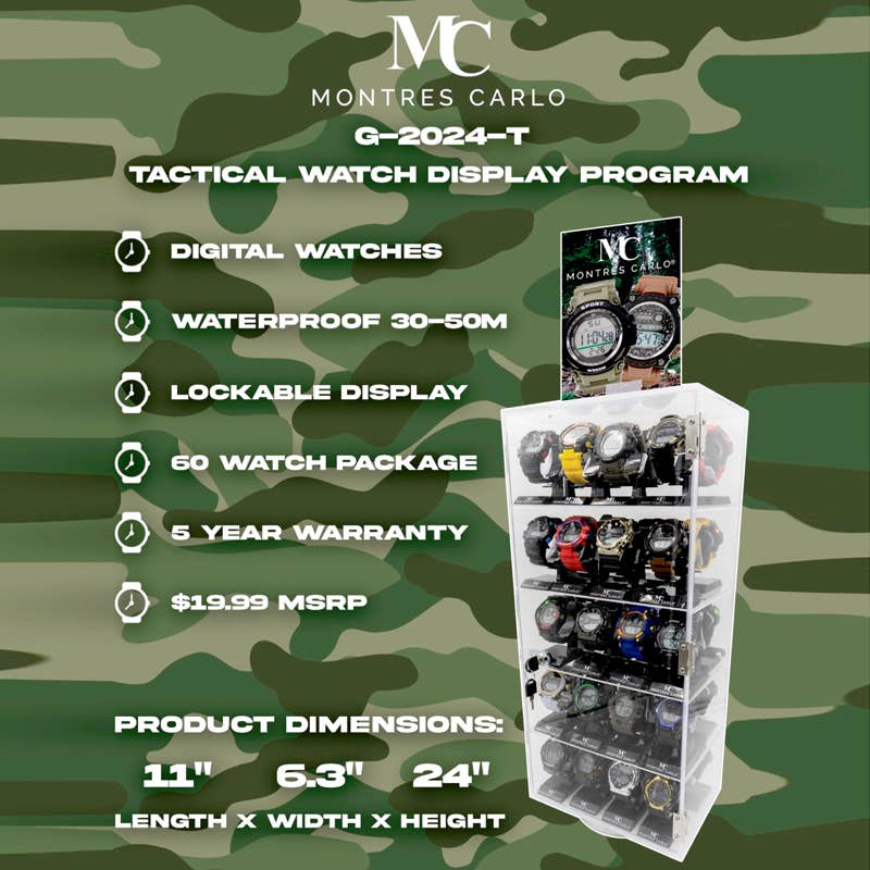 Deluxe Import Trading – Großhandel Uhrenarmband – Herren – 40 Stück Taktische Uhrenanzeige mit transparentem Displaygehäuse0