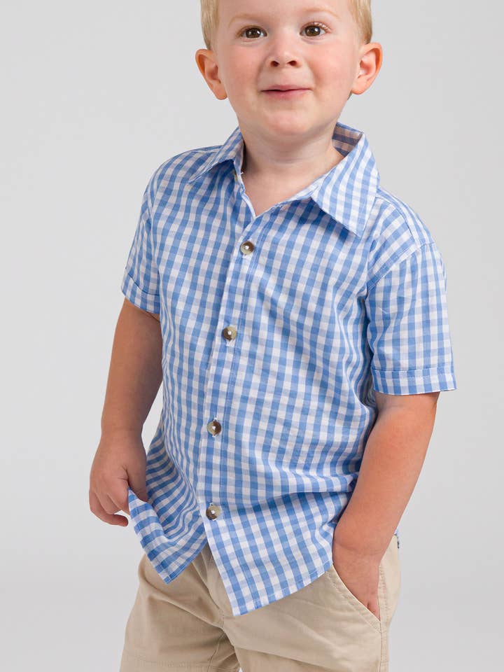 Boys Classic Periwinkle Blue Gingham Short Sleeve Button Down Shirt
 for wholesale by RuffleButts + RuggedButts