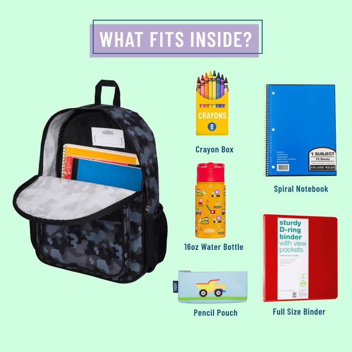 Black Camo Recycled Eco Backpack for wholesale by Wildkin