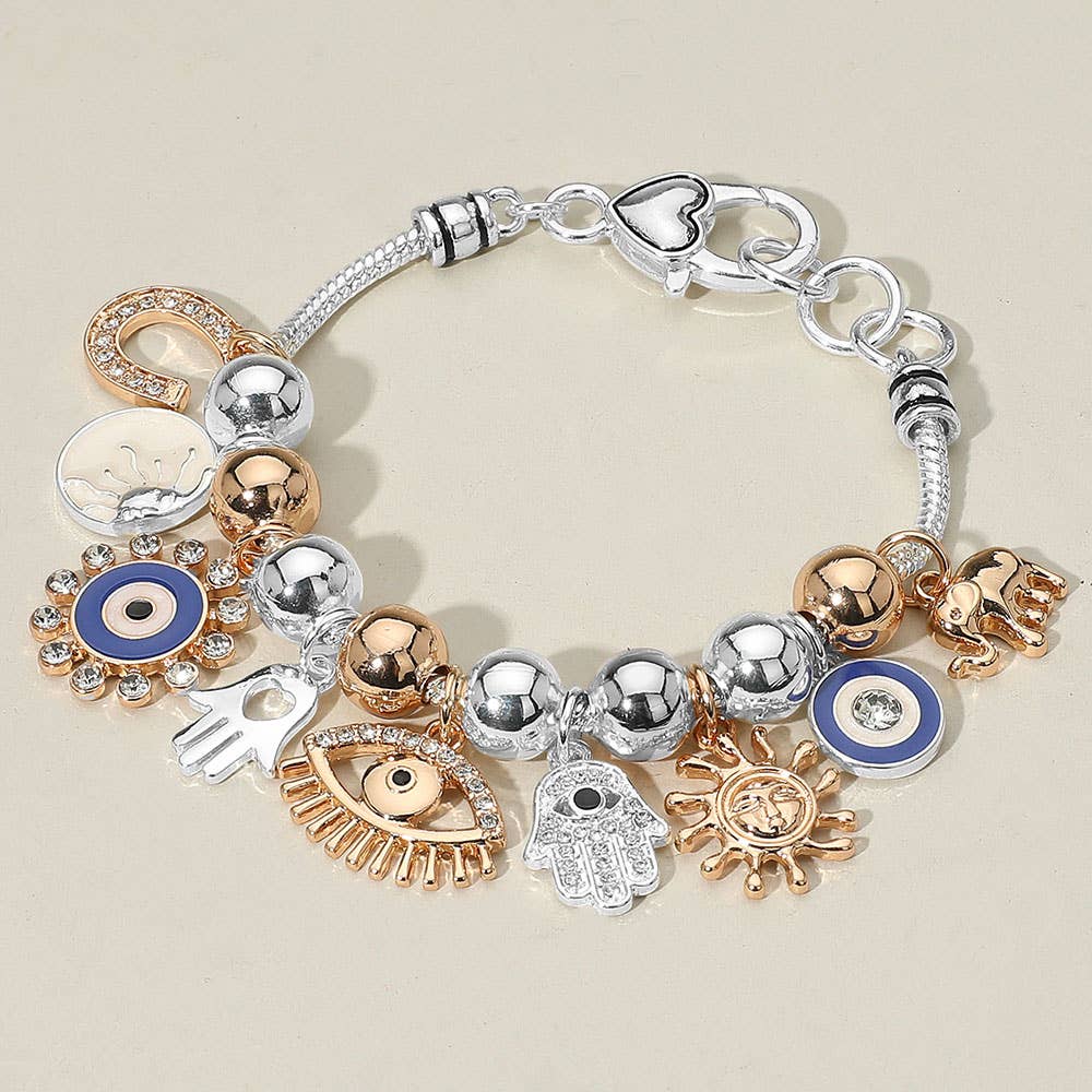 Sensibling Corp. - Vendita all'ingrosso Braccialetto con ciondolo/pendente - Braccialetto con ciondoli a forma di occhio malvagio, mano di Hamsa, elefante, sole, ferro di cavallo e perline.0