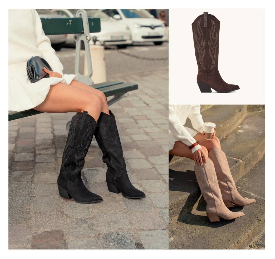 No Doubt Shoes - Wholesale Cowboy Boots - Women's - SPARKLY EMBROIDERED BLOCK HEEL COWGIRL COWBOY KNEE HIGH BOOT1