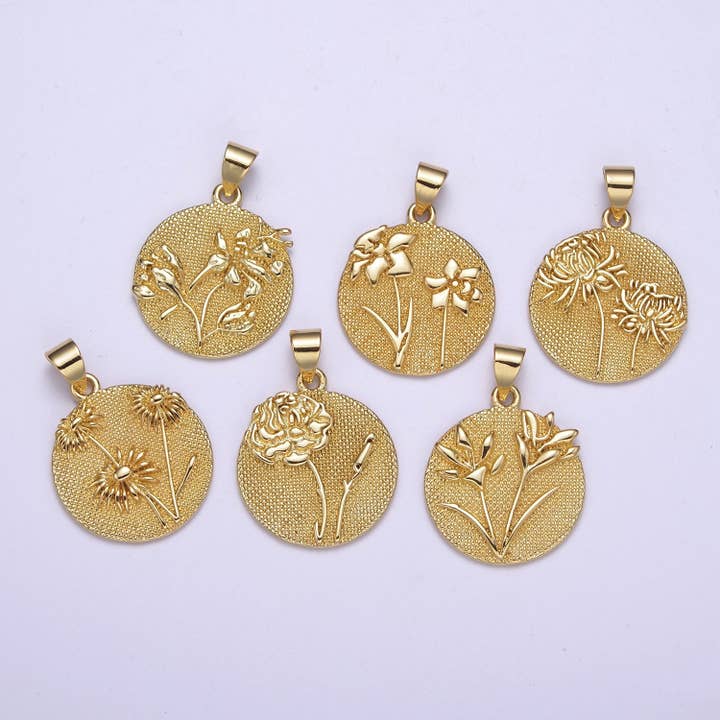 Wild Flower Collection Gold Rose Flower, Cotton Blossom, Sun Flower Dandelion Charm Medallion for Necklace Bracelet Supply H-070 H-079 H-087 H-093 H-095 H-099 for wholesale by Aim Eternal
